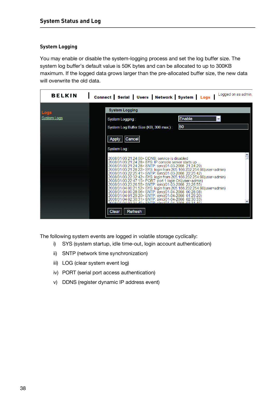 Belkin F1DP116SEA user manual System Logging 