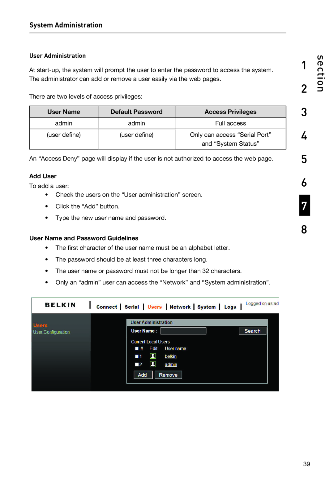 Belkin F1DP116SEA user manual System Administration, User Administration, Add User, User Name and Password Guidelines 