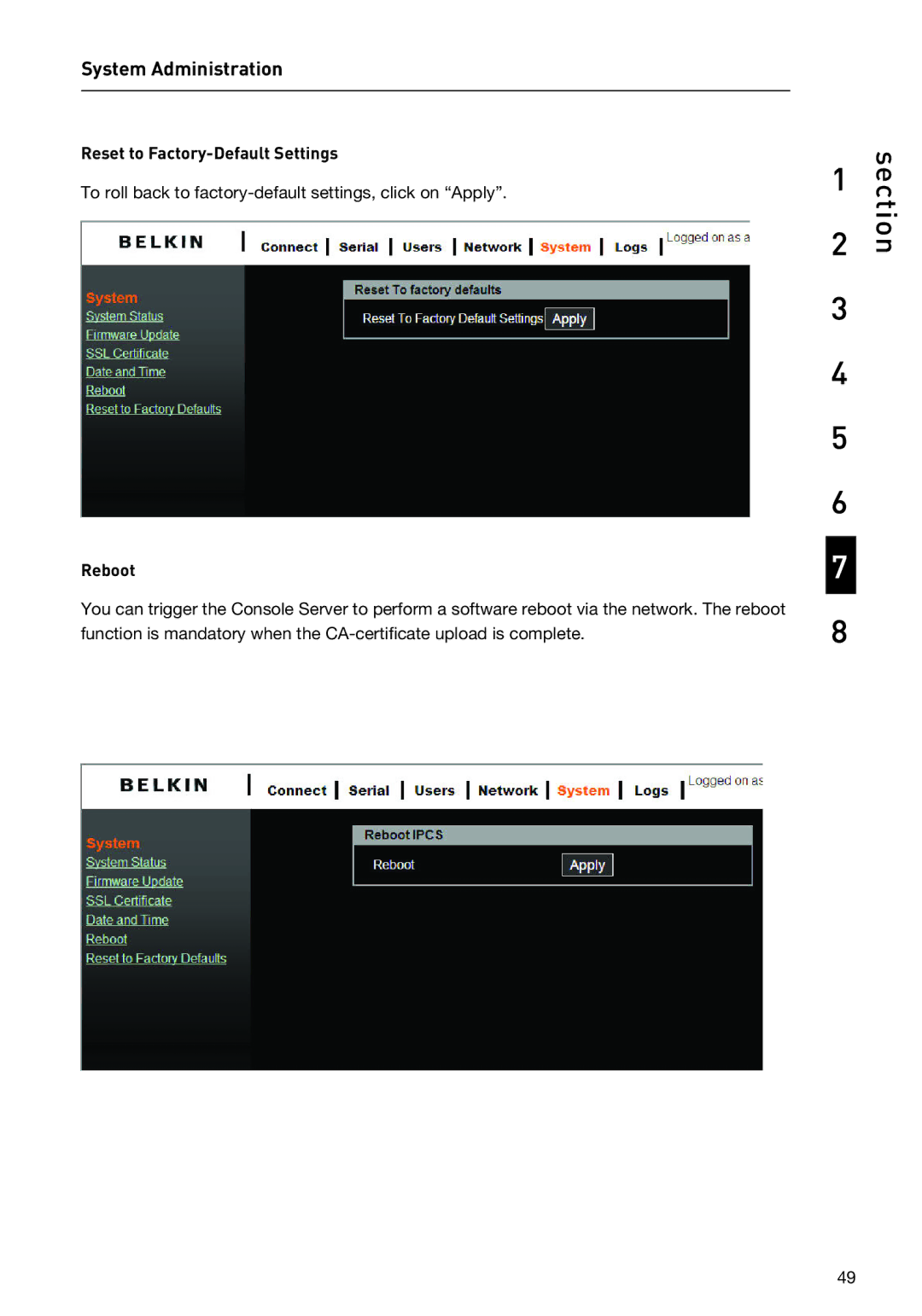 Belkin F1DP116SEA user manual Reset to Factory-Default Settings, Reboot 