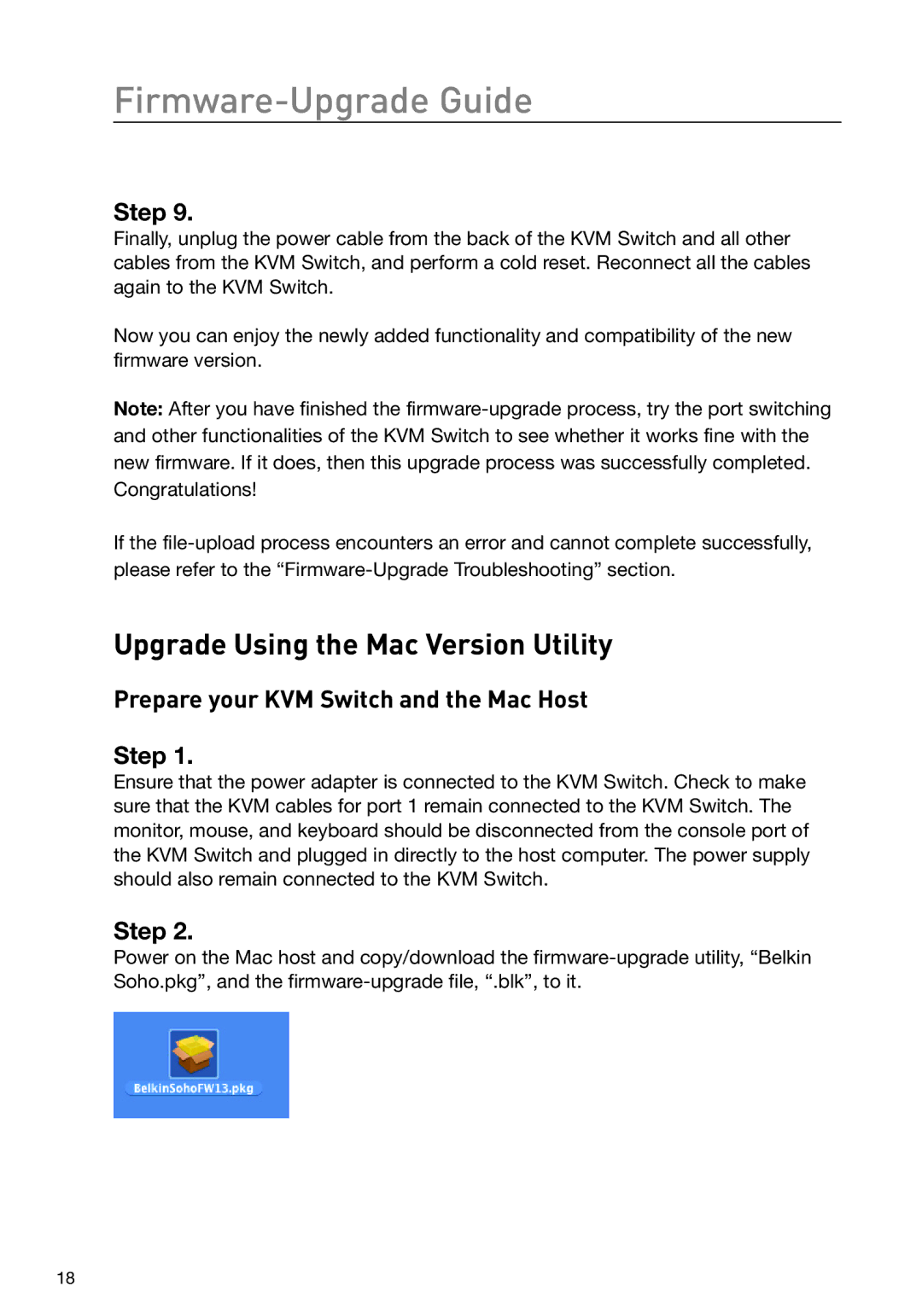 Belkin F1DS102L, F1DS104L manual Upgrade Using the Mac Version Utility, Prepare your KVM Switch and the Mac Host Step 