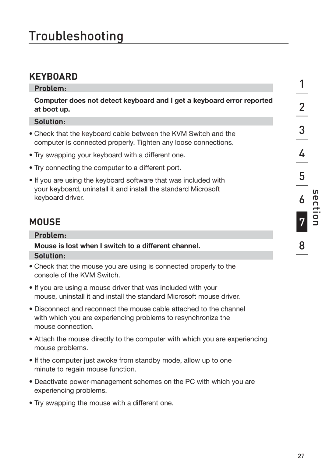 Belkin F1DS104L, F1DS102L manual Keyboard, Mouse is lost when I switch to a different channel 