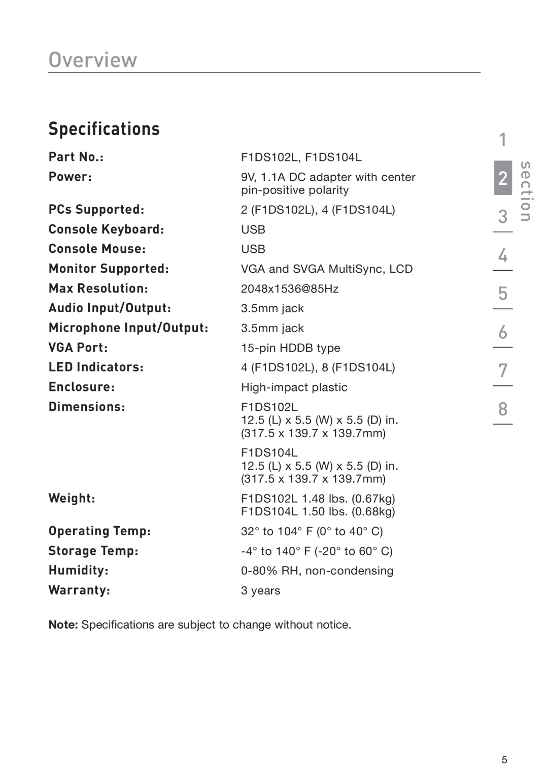 Belkin F1DS104L, F1DS102L manual Specifications, Dimensions 