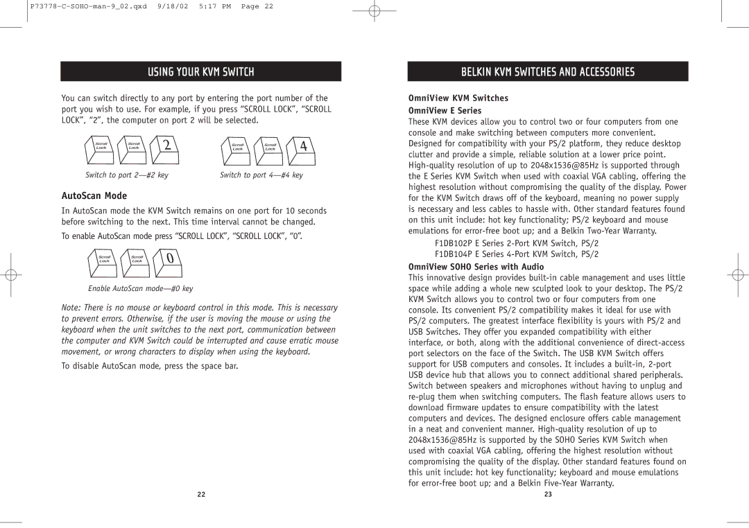 Belkin F1DS102P user manual Belkin KVM Switches and Accessories, AutoScan Mode, OmniView KVM Switches OmniView E Series 