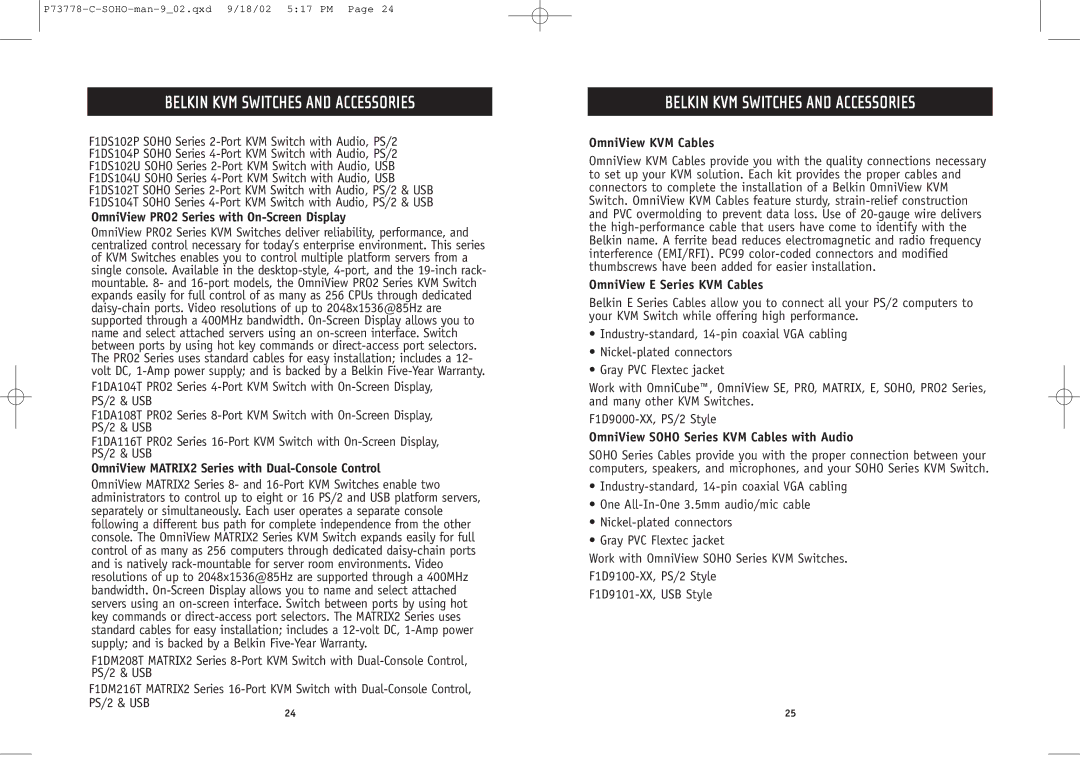 Belkin F1DS102P user manual OmniView PRO2 Series with On-Screen Display, OmniView MATRIX2 Series with Dual-Console Control 