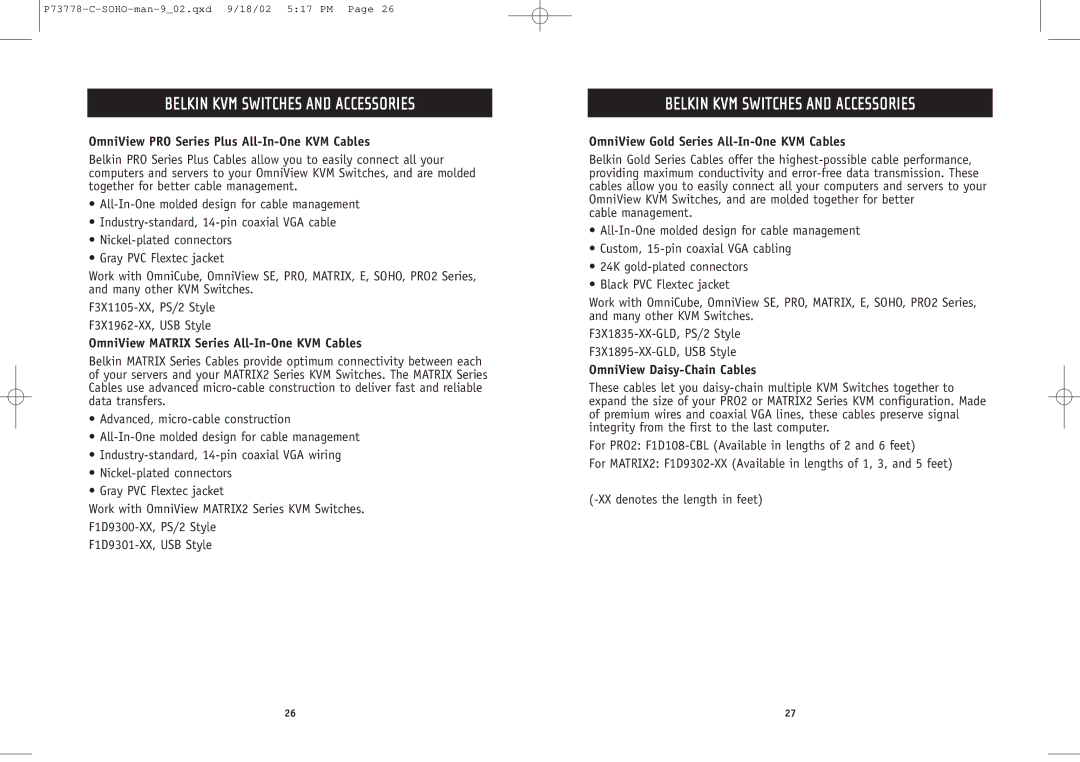 Belkin F1DS102P user manual OmniView PRO Series Plus All-In-One KVM Cables, OmniView Matrix Series All-In-One KVM Cables 