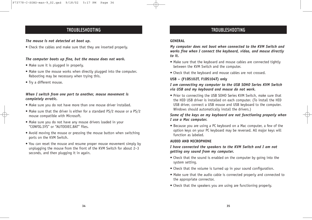 Belkin F1DS102P user manual Computer boots up fine, but the mouse does not work, USB F1DS102T, F1DS104T only 