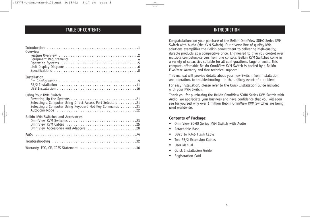 Belkin F1DS102P user manual Table of Contents, Introduction 