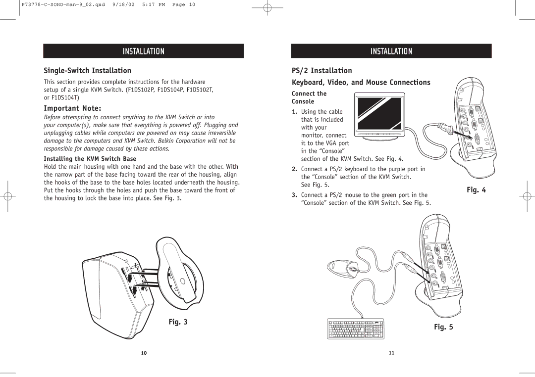 Belkin F1DS102P Single-Switch Installation, Important Note, PS/2 Installation Keyboard, Video, and Mouse Connections 