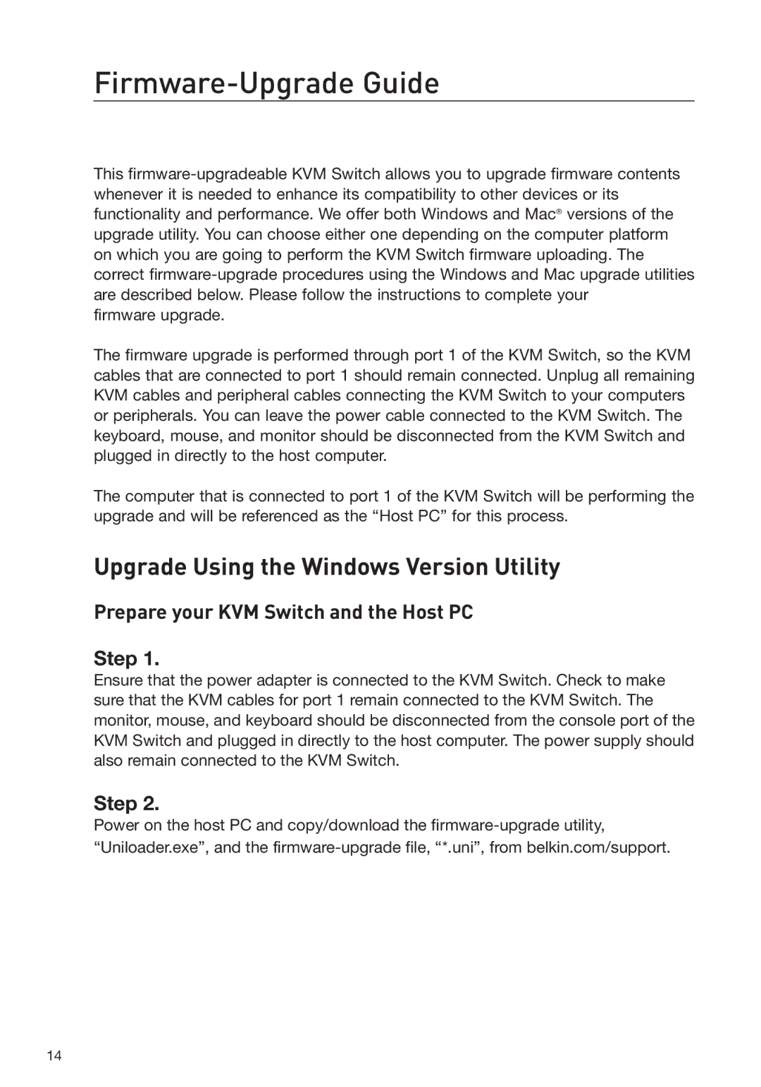Belkin F1DS104J manual Firmware-Upgrade Guide, Prepare your KVM Switch and the Host PC Step 
