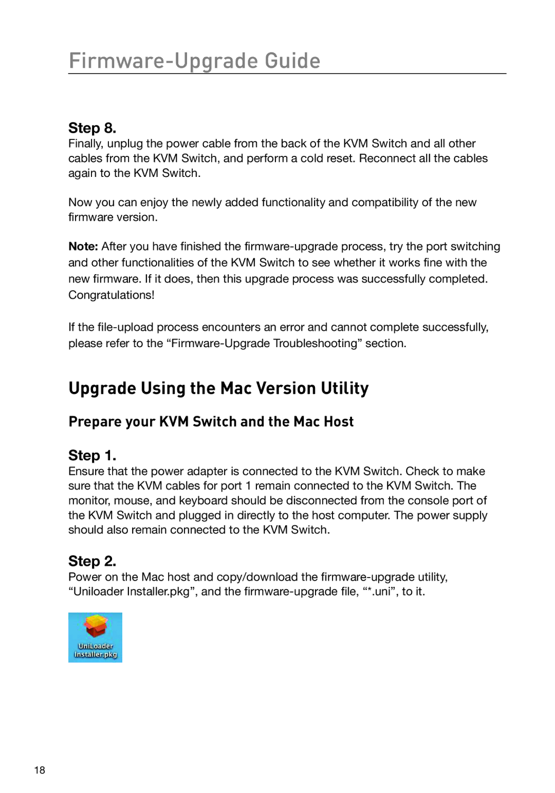 Belkin F1DS104J manual Upgrade Using the Mac Version Utility, Prepare your KVM Switch and the Mac Host Step 