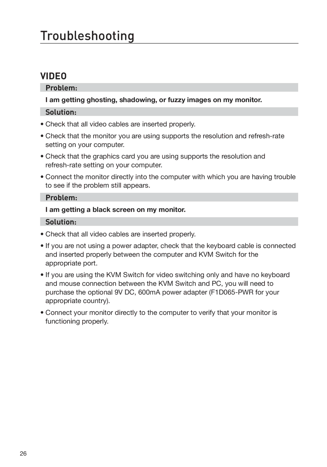 Belkin F1DS104J manual Troubleshooting, Problem, Solution 