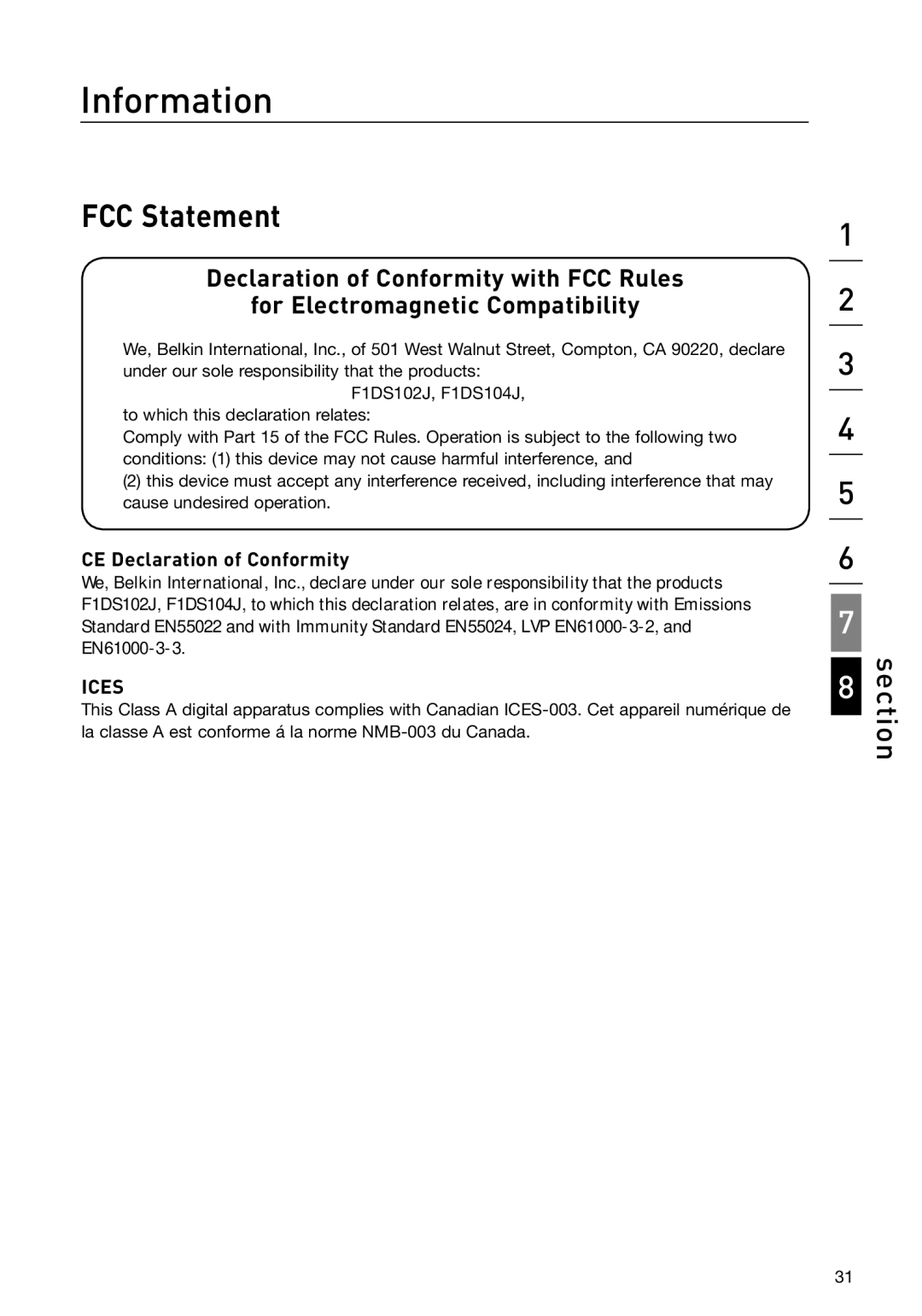 Belkin F1DS104J manual Information, FCC Statement 