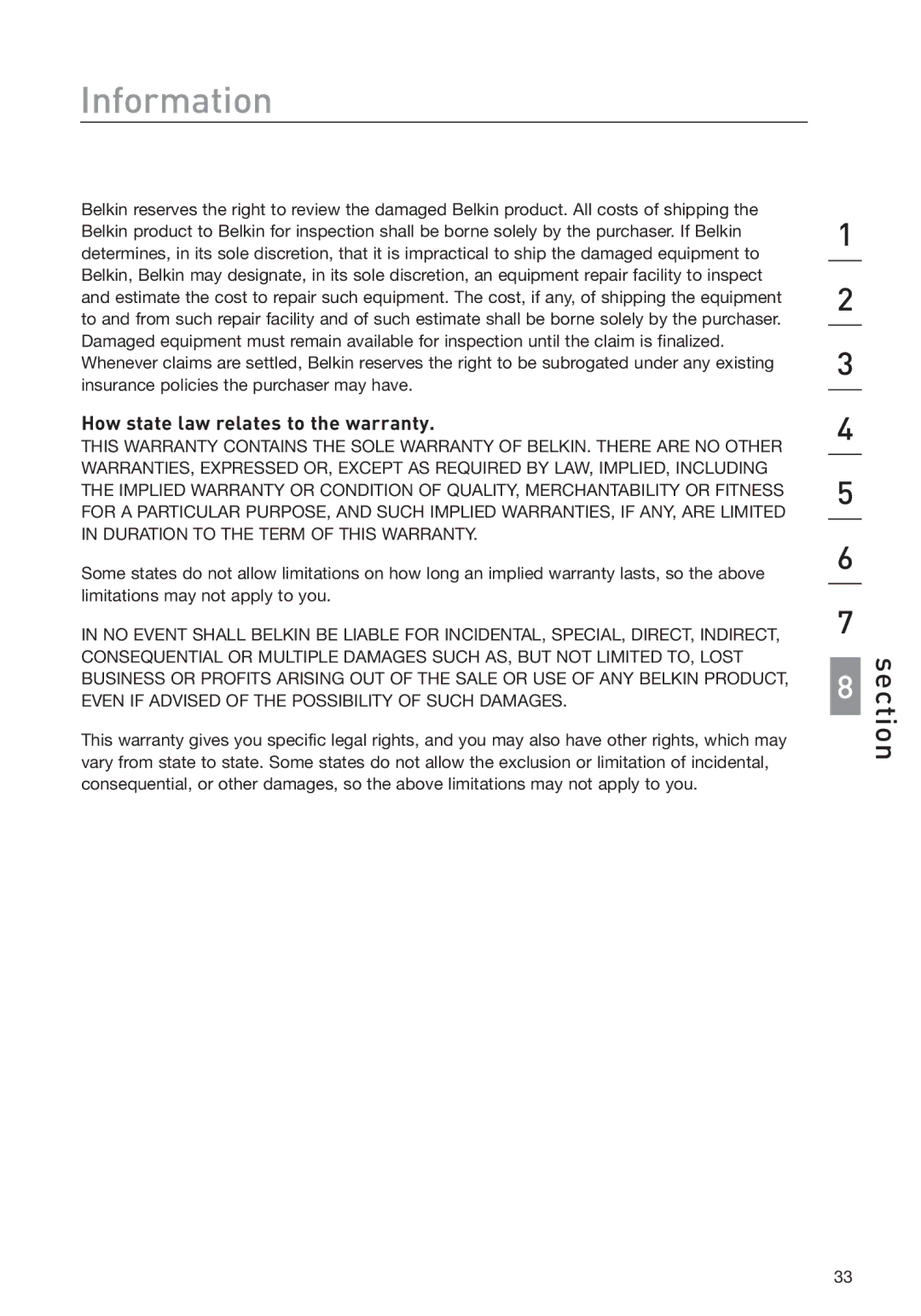 Belkin F1DS104J manual How state law relates to the warranty 