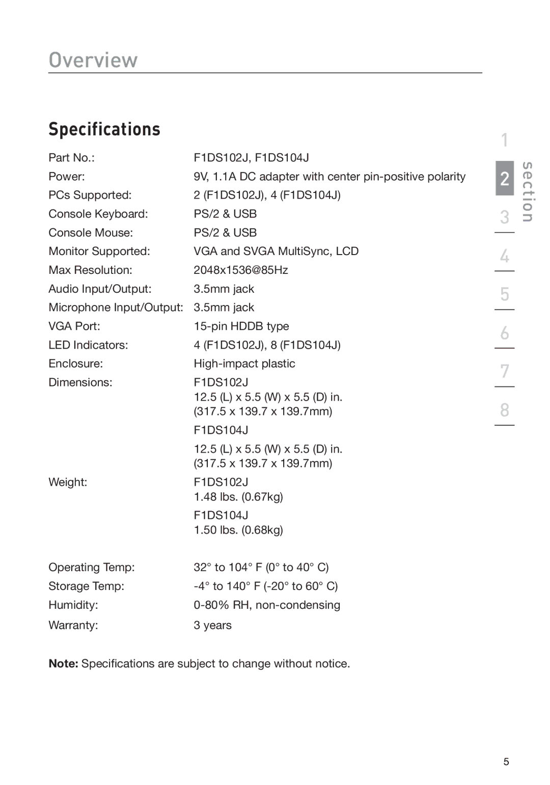 Belkin F1DS104J manual Specifications 