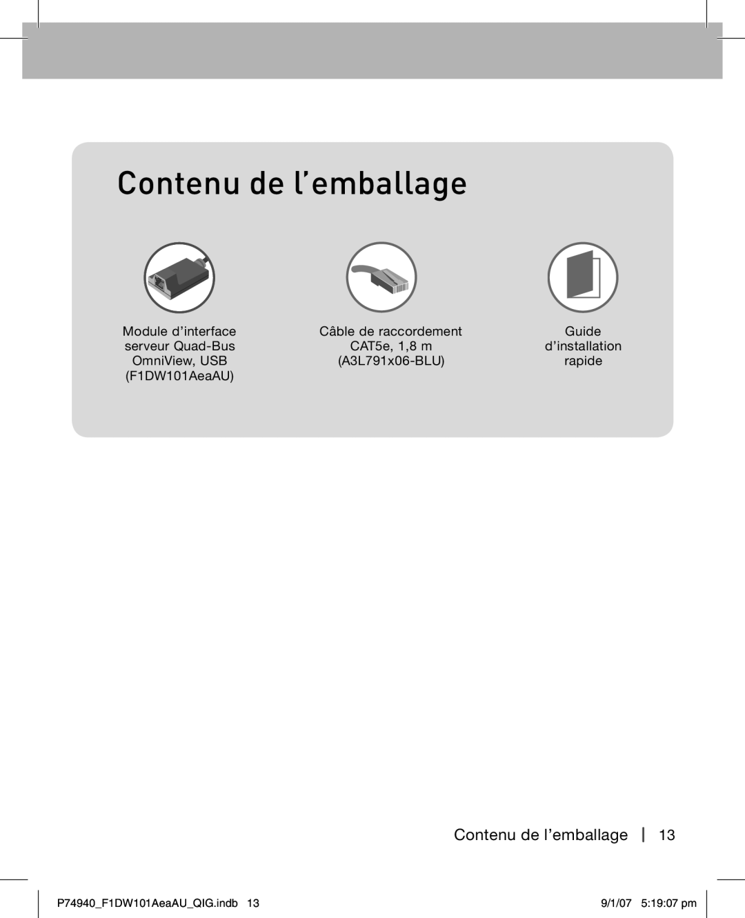 Belkin F1DW101AEAAU manual Contenu de l’emballage 