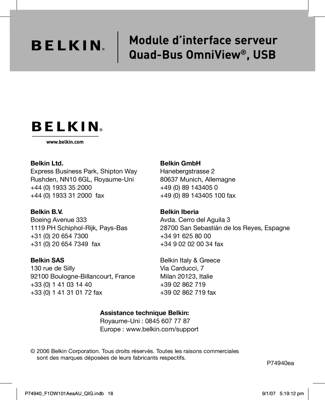 Belkin F1DW101AEAAU manual Assistance technique Belkin 