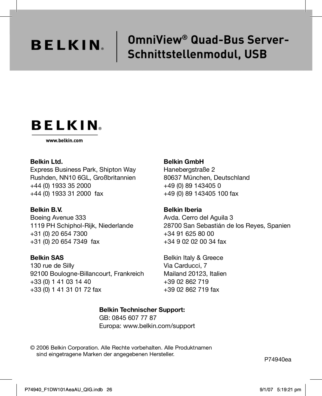 Belkin F1DW101AEAAU manual Belkin Technischer Support 