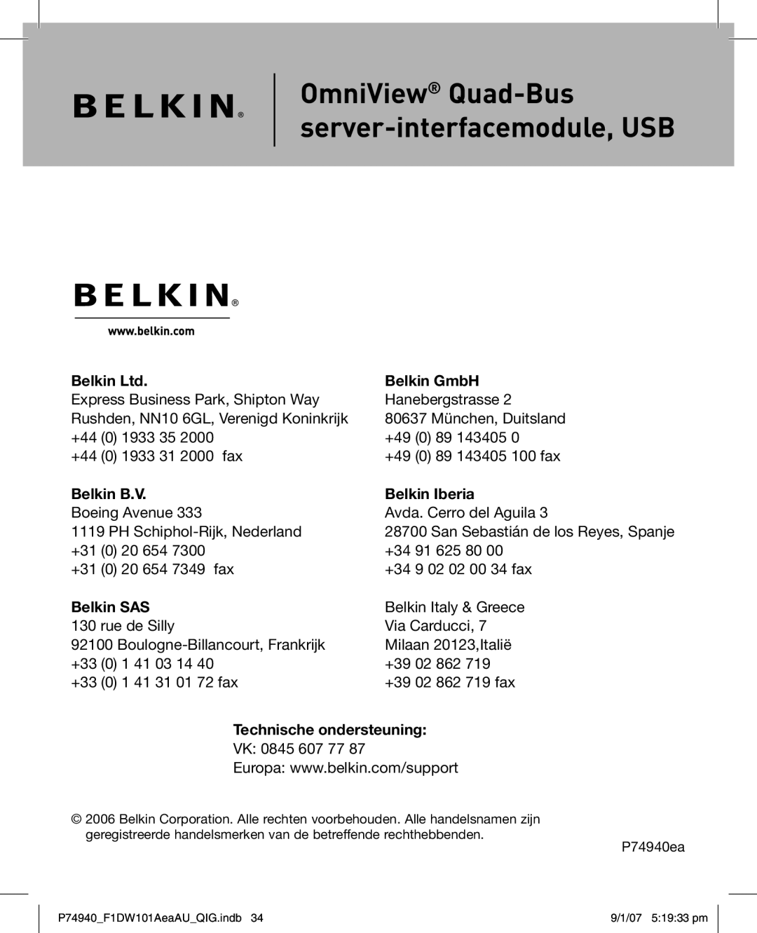 Belkin F1DW101AEAAU manual Technische ondersteuning 