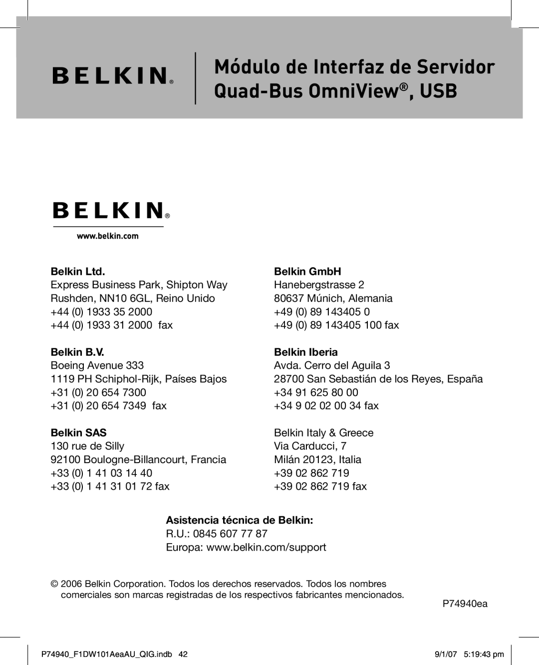 Belkin F1DW101AEAAU manual Asistencia técnica de Belkin 