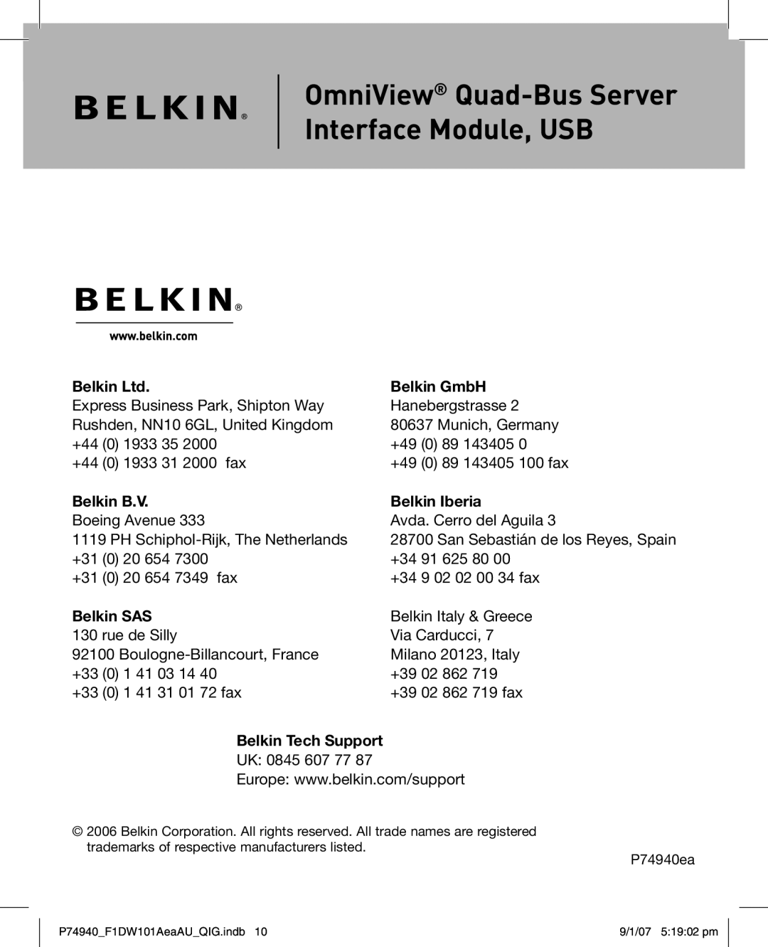 Belkin F1DW101AEAAU manual Belkin GmbH 