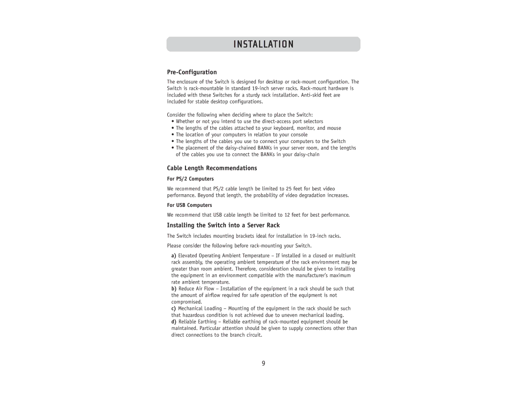 Belkin F1DW216C Installation, Pre-Configuration, Cable Length Recommendations, Installing the Switch into a Server Rack 