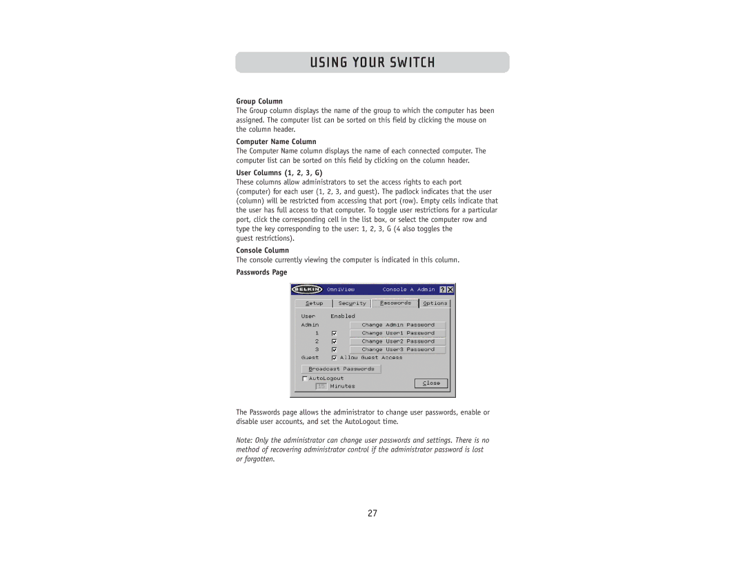 Belkin F1DW216 user manual User Columns 1, 2, 3, G, Passwords 