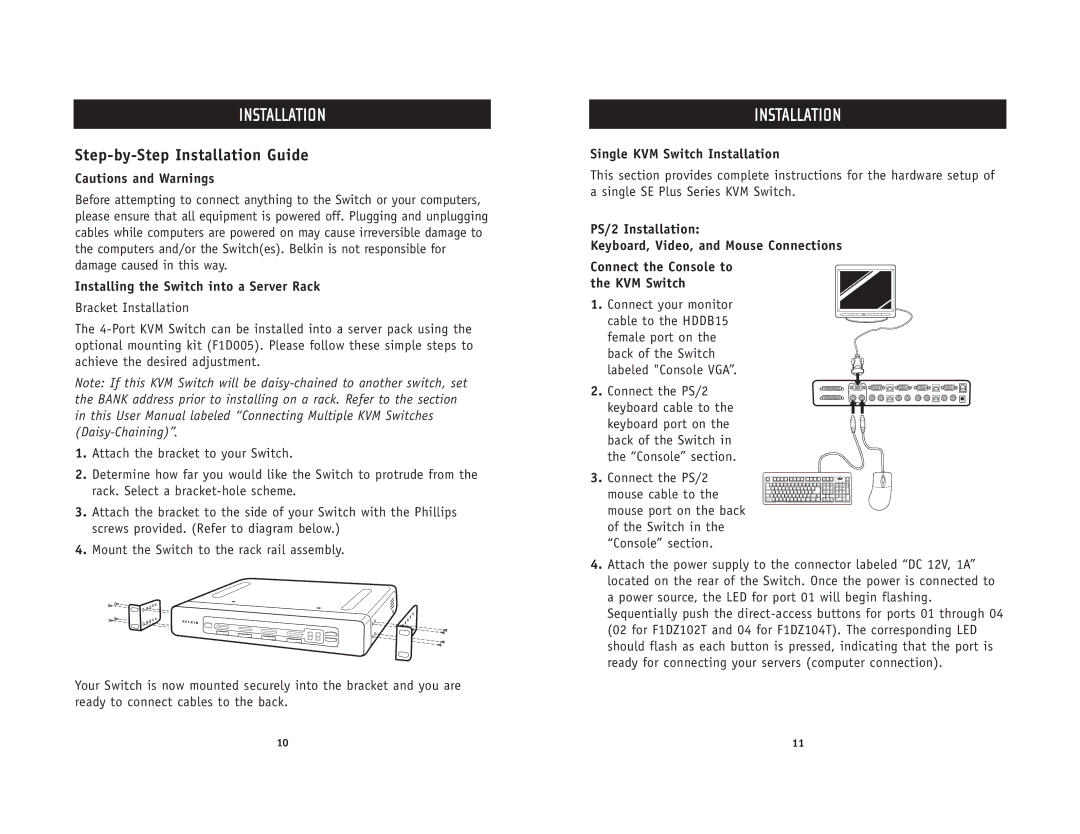 Belkin F1DZ102T Step-by-Step Installation Guide, Installing the Switch into a Server Rack, Single KVM Switch Installation 