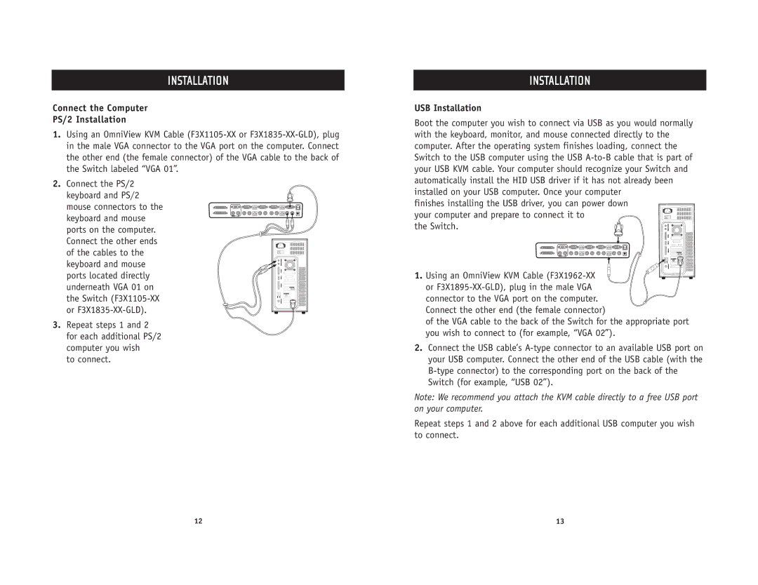 Belkin F1DZ104T, F1DZ102T user manual Connect the Computer PS/2 Installation, To connect, USB Installation 