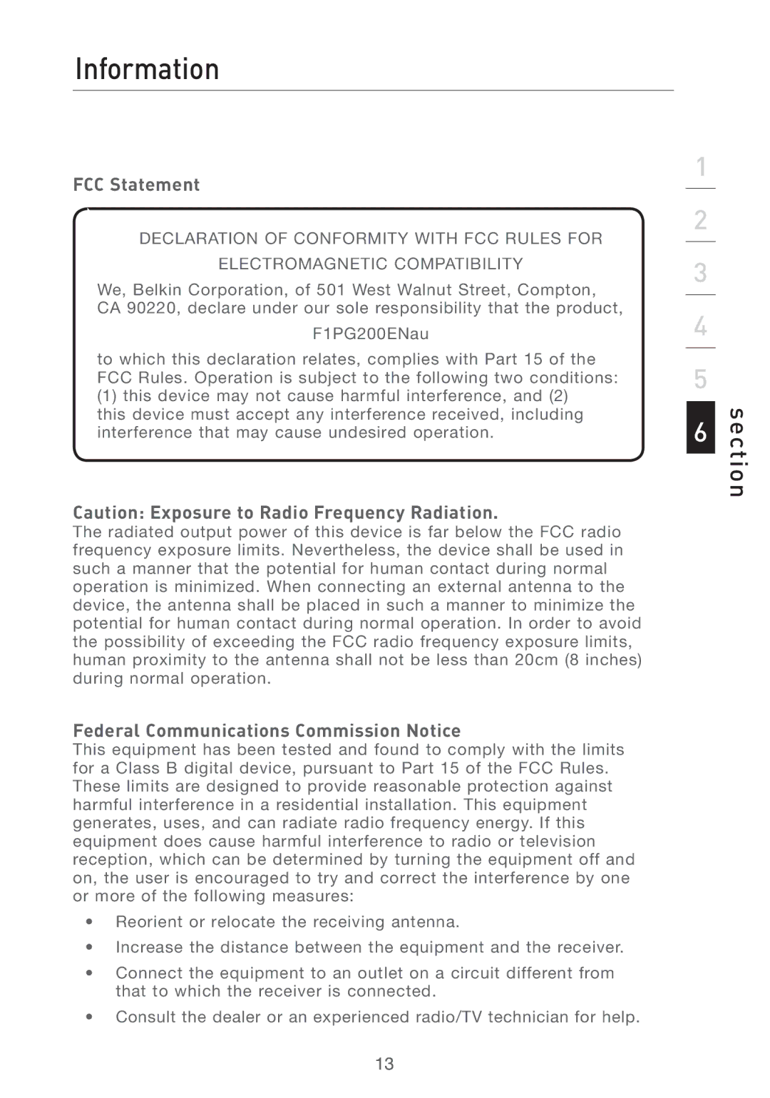 Belkin F1PG200ENAU user manual Information, FCC Statement, Federal Communications Commission Notice 