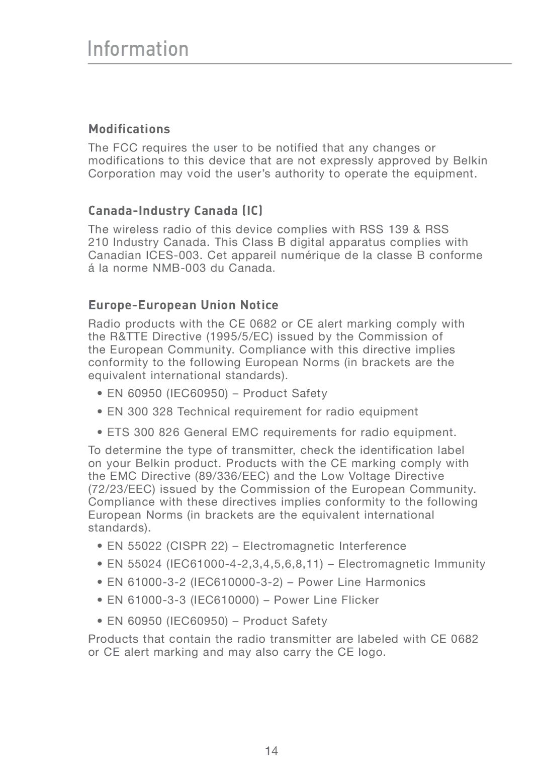 Belkin F1PG200ENAU user manual Modifications, Canada-Industry Canada IC, Europe-European Union Notice 