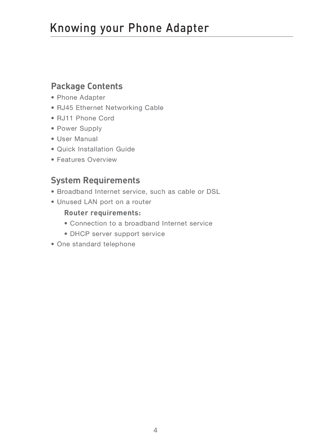 Belkin F1PG200ENAU user manual Knowing your Phone Adapter, Package Contents, System Requirements 