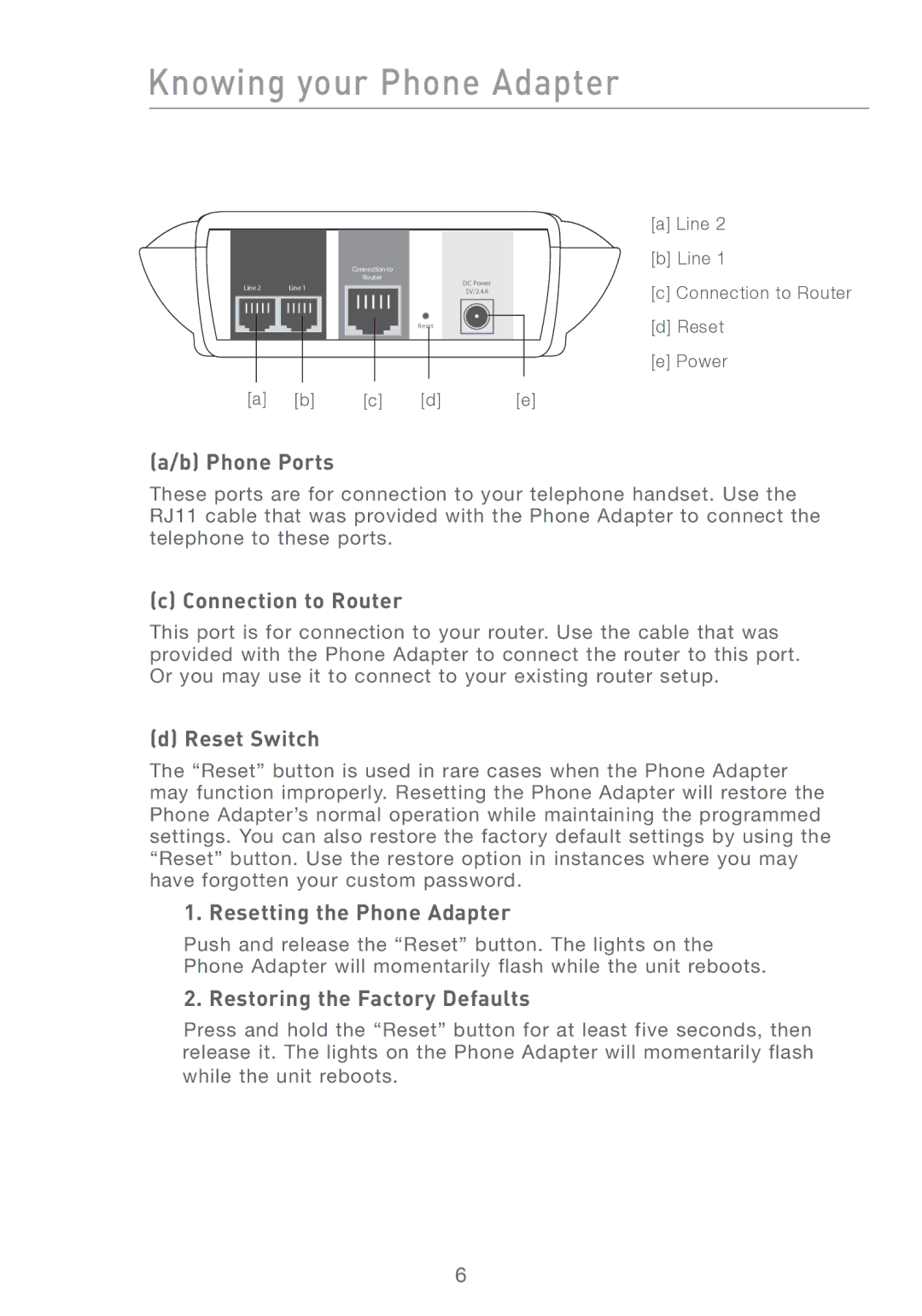 Belkin F1PG200ENAU user manual Phone Ports, Connection to Router, Reset Switch, Resetting the Phone Adapter 