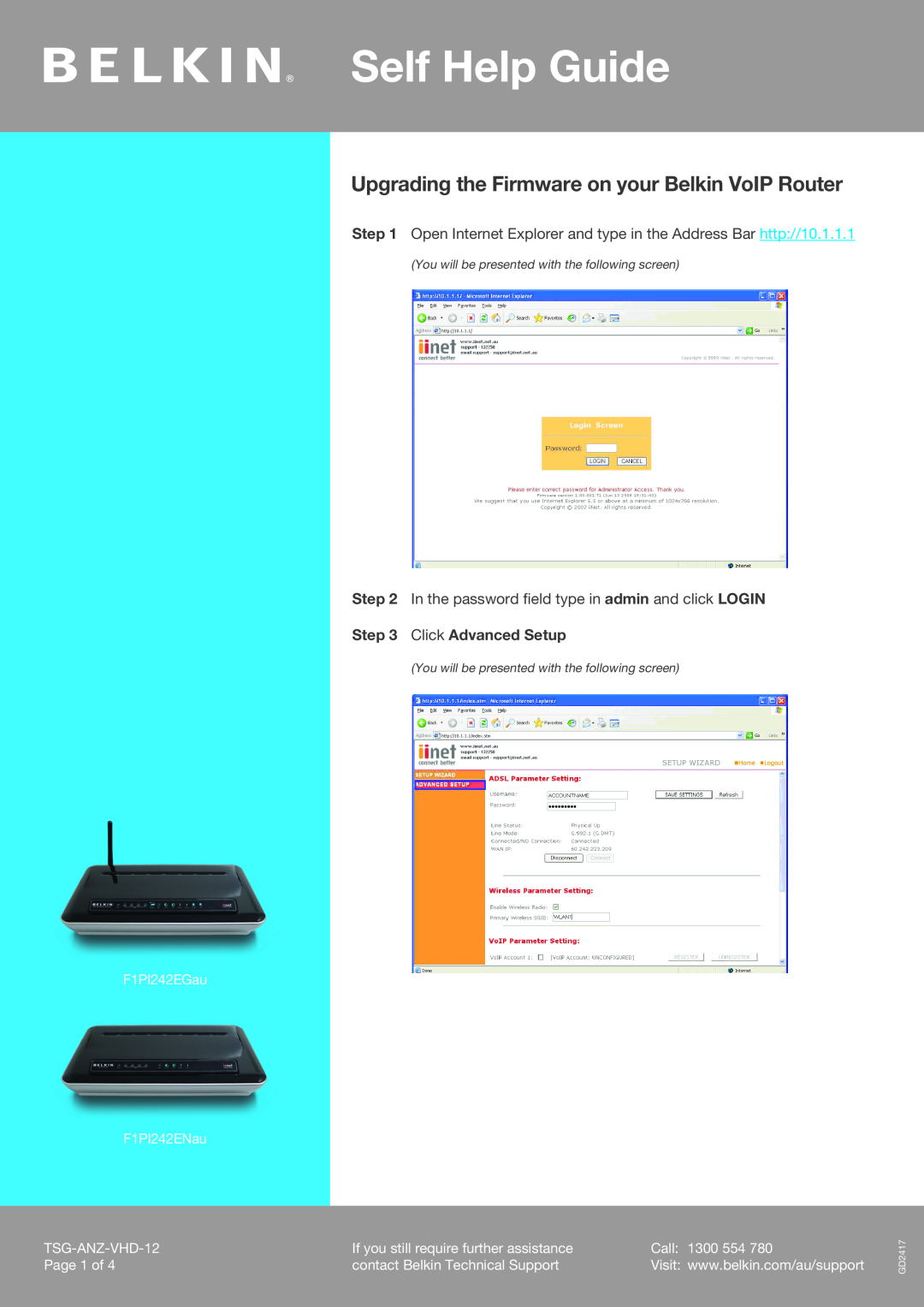 Belkin F1PI242EGAU manual Self Help Guide, Click Advanced Setup, Upgrading the Firmware on your Belkin VoIP Router, Call 