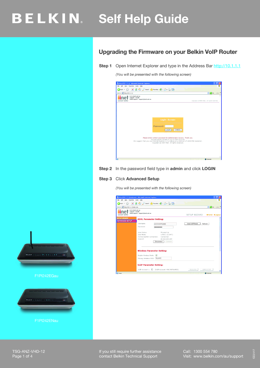 Belkin F1PI242EGAU, F1PI242ENAU manual Self Help Guide, Click Advanced Setup 