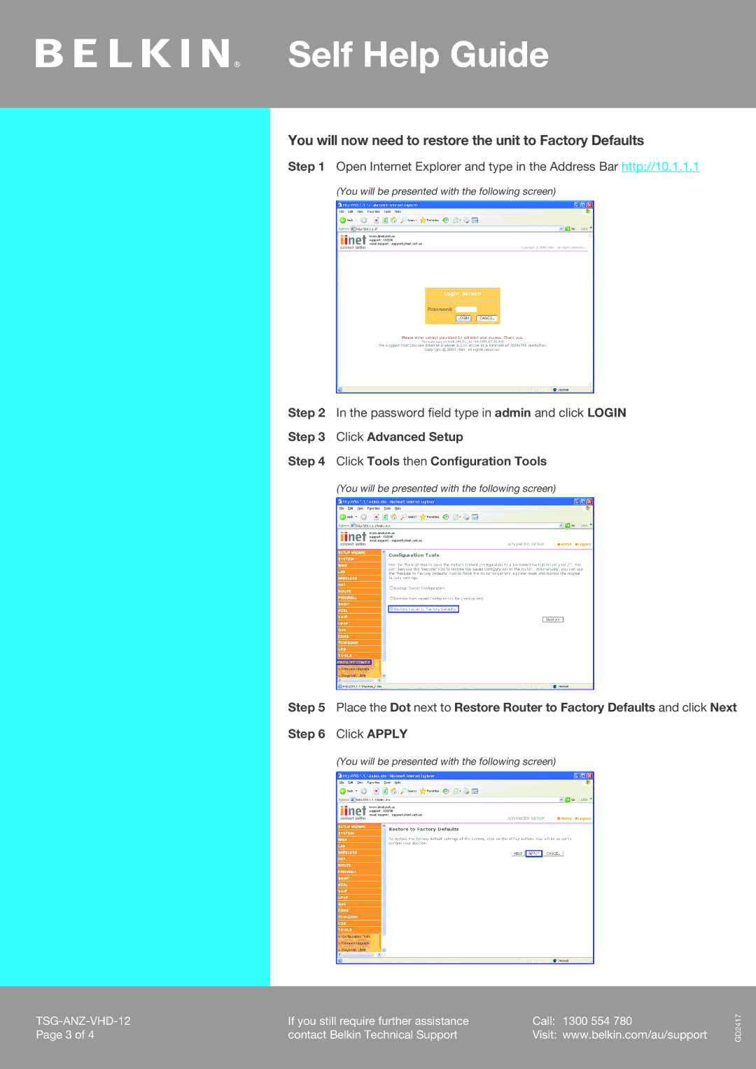 Belkin F1PI242EGAU manual You will now need to restore the unit to Factory Defaults, Click Tools then Configuration Tools 