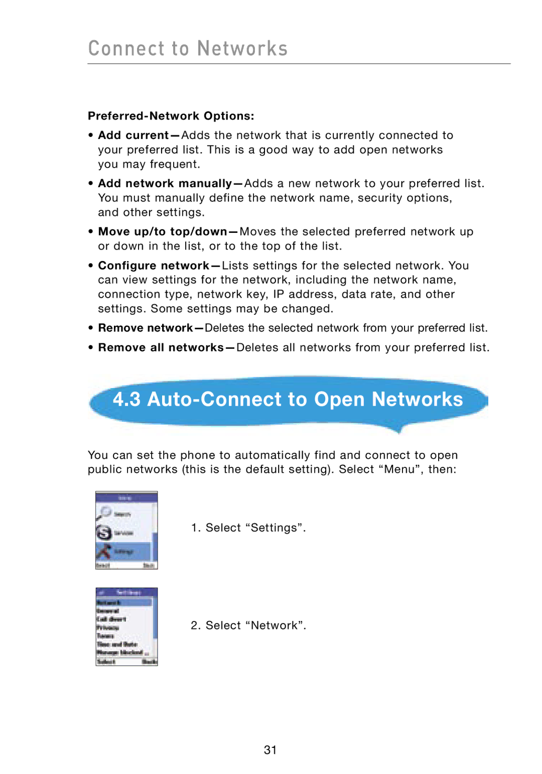 Belkin F1PP000GN-SK user manual Connect to Networks, Auto-Connect to Open Networks, Preferred-Network Options 