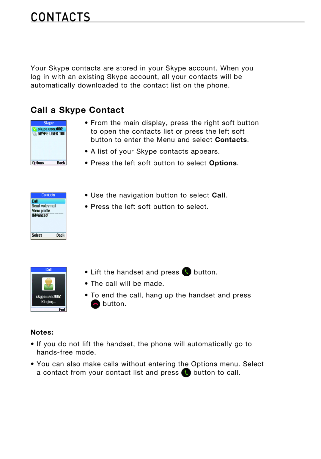 Belkin F1PP010EN-SK manual Contacts, Call a Skype Contact 