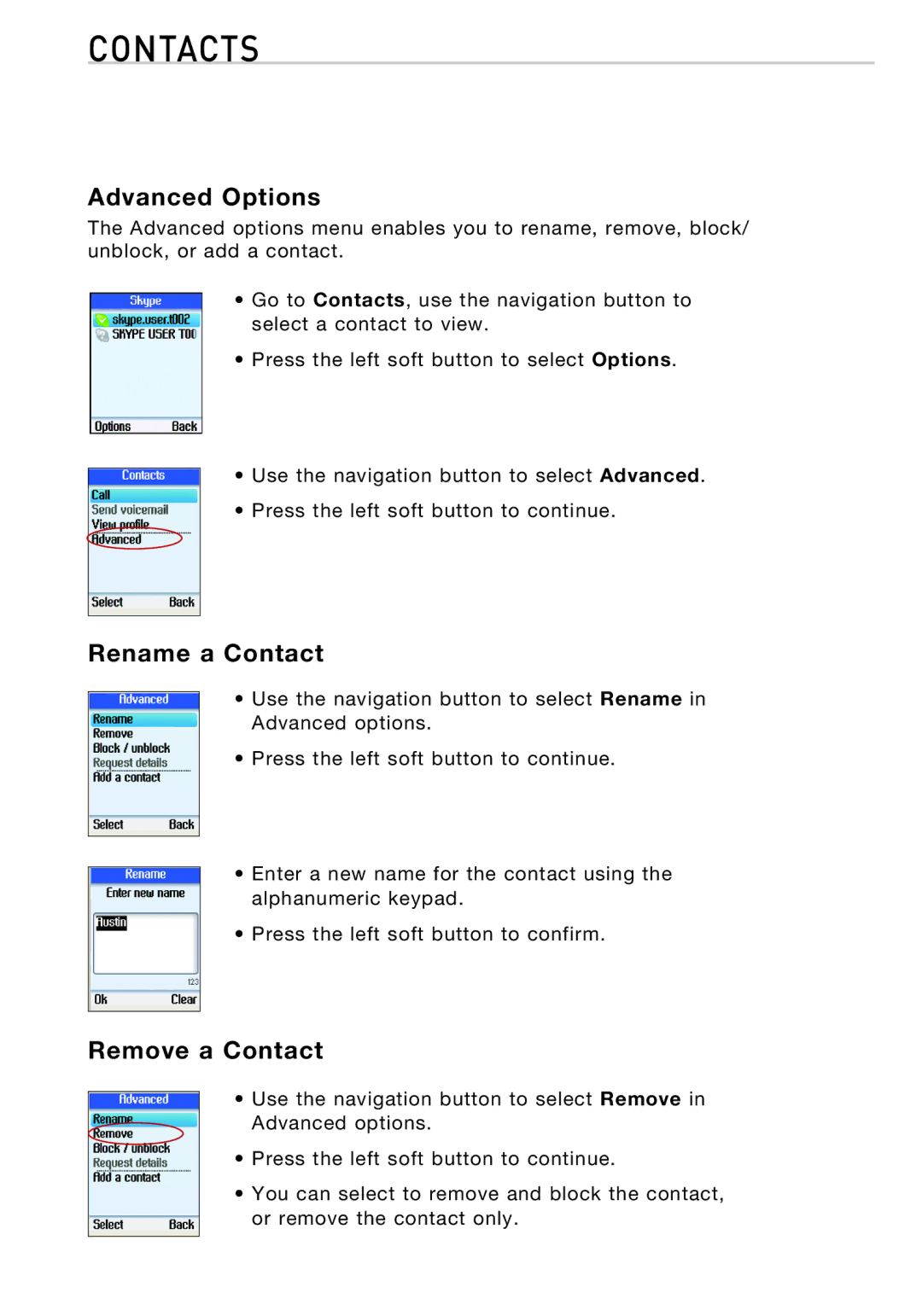 Belkin F1PP010EN-SK manual Advanced Options, Rename a Contact, Remove a Contact 