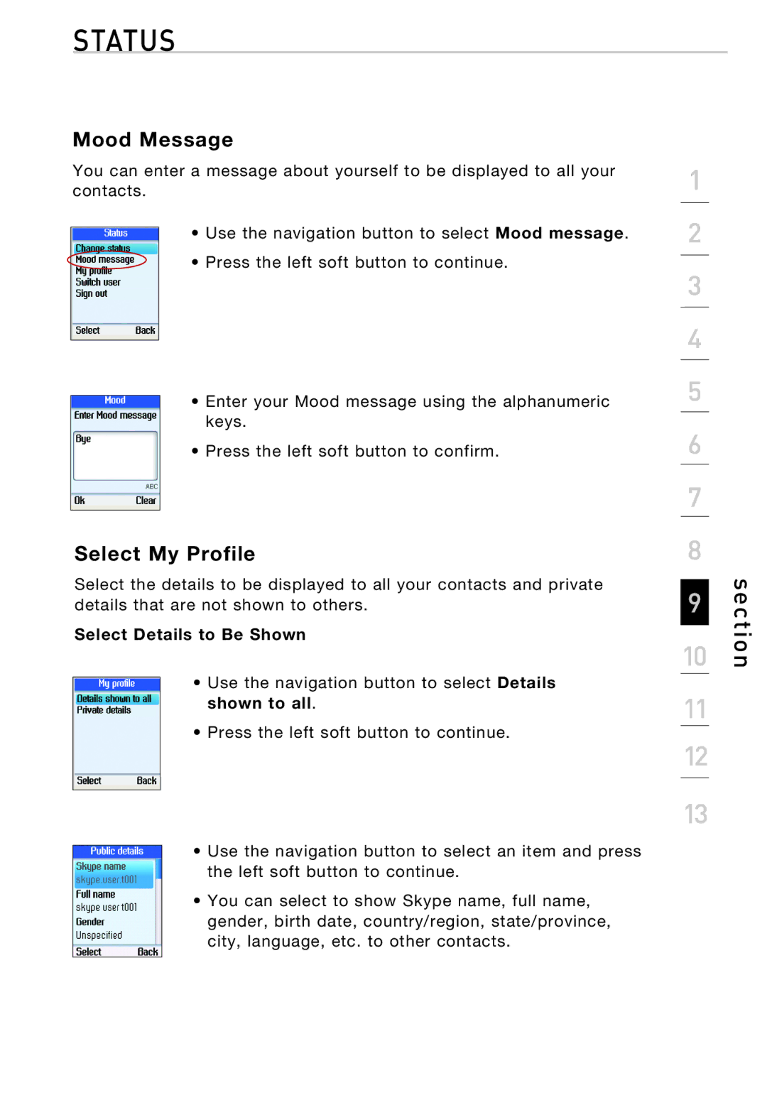 Belkin F1PP010EN-SK manual Mood Message, Select My Profile, Select Details to Be Shown 