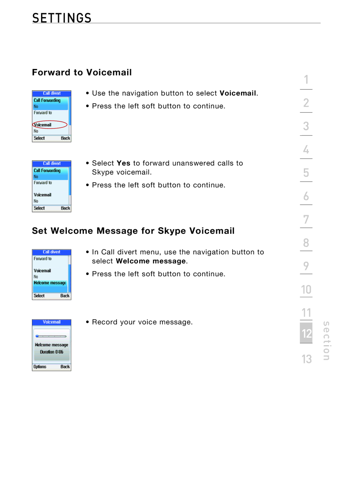 Belkin F1PP010EN-SK manual Forward to Voicemail, Set Welcome Message for Skype Voicemail, Select Welcome message 