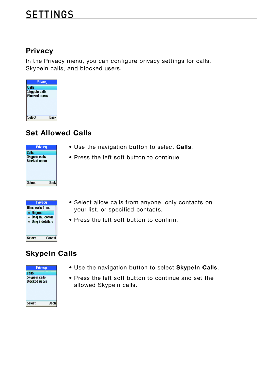 Belkin F1PP010EN-SK manual Privacy, Set Allowed Calls, SkypeIn Calls 