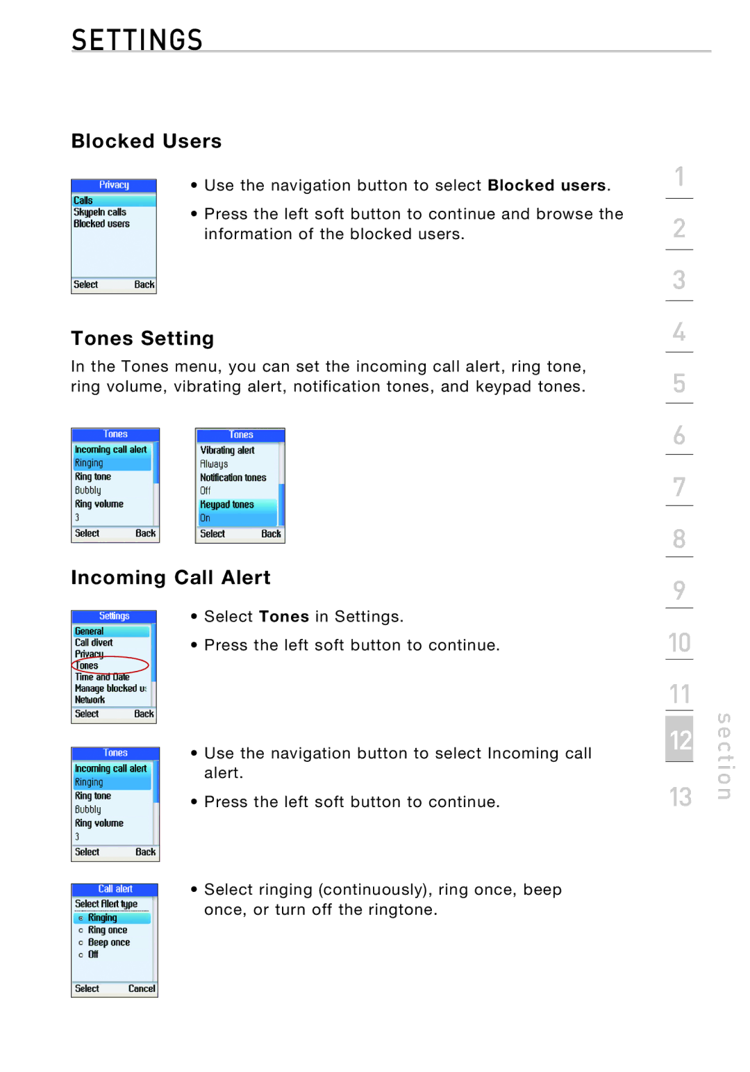 Belkin F1PP010EN-SK manual Blocked Users, Tones Setting, Incoming Call Alert 