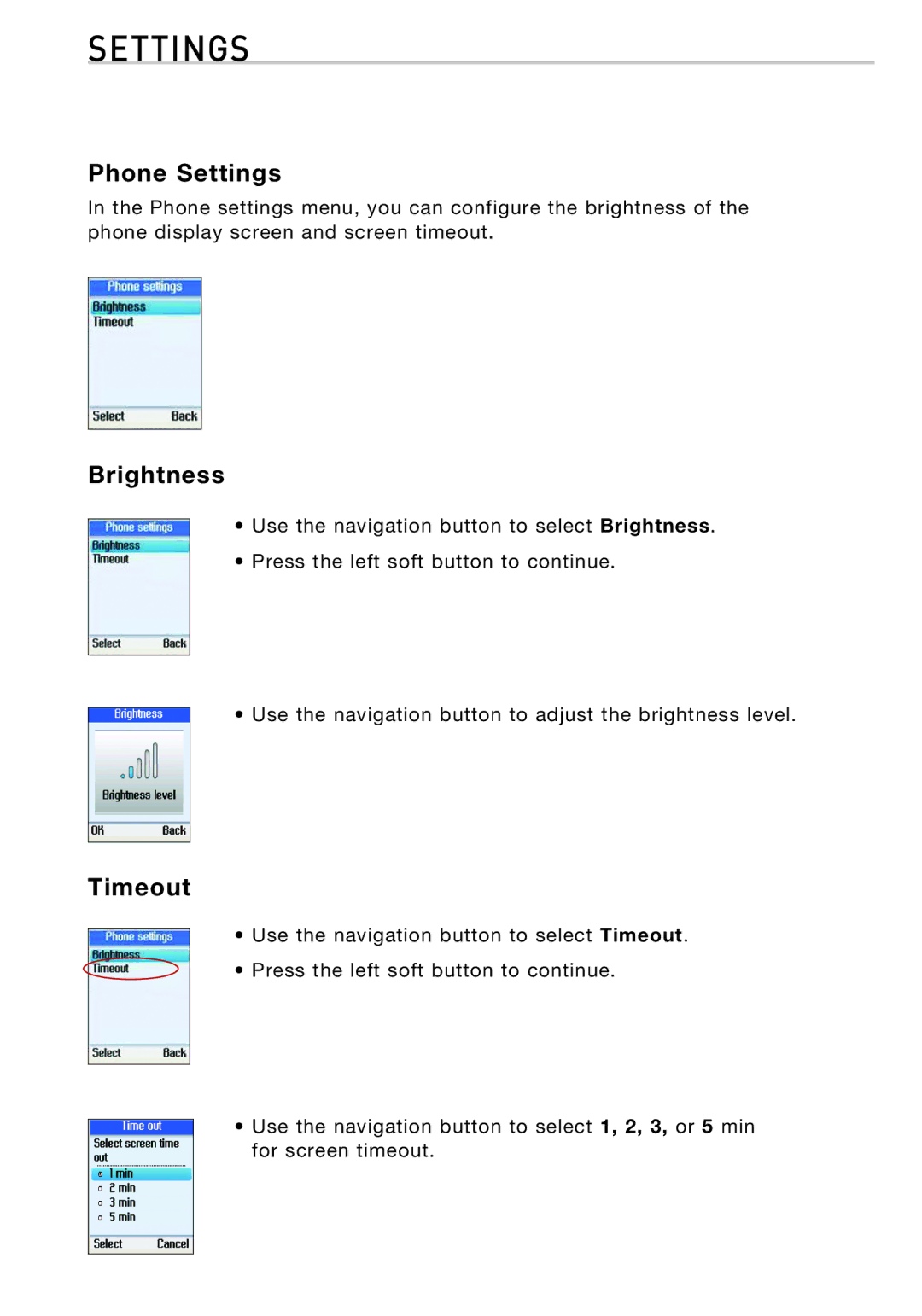 Belkin F1PP010EN-SK manual Phone Settings, Brightness, Timeout 