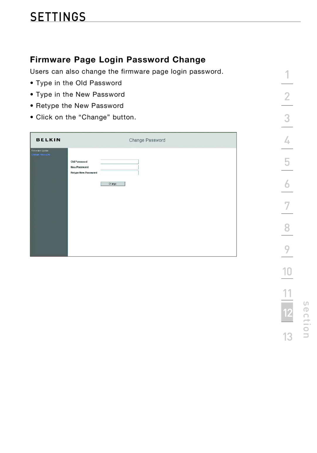 Belkin F1PP010EN-SK manual Firmware Page Login Password Change 