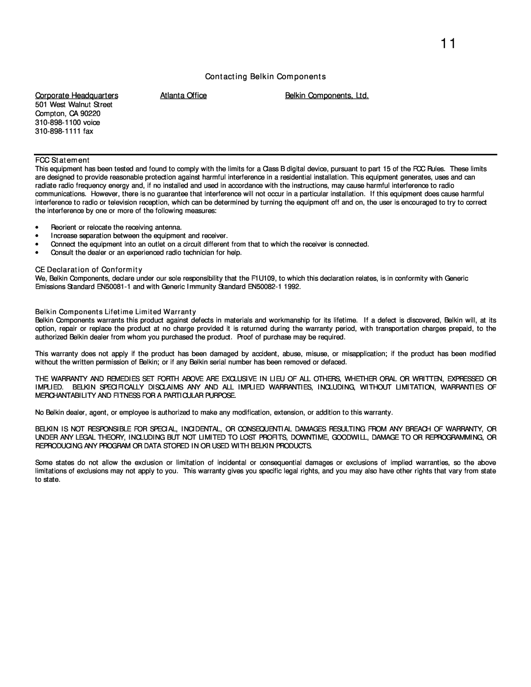 Belkin F1U109 FCC Statement, CE Declaration of Conformity, Belkin Components Lifetime Limited Warranty, Atlanta Office 