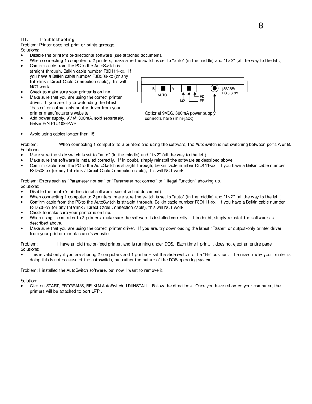 Belkin F1U109 user manual III. Troubleshooting 