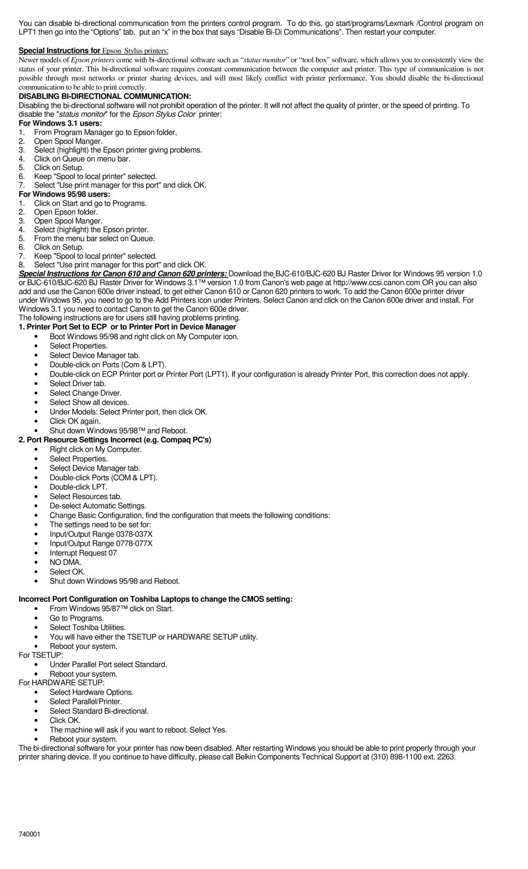 Belkin F1U117 manual Special Instructions for Epson Stylus printers, Disabling BI-DIRECTIONAL Communication 