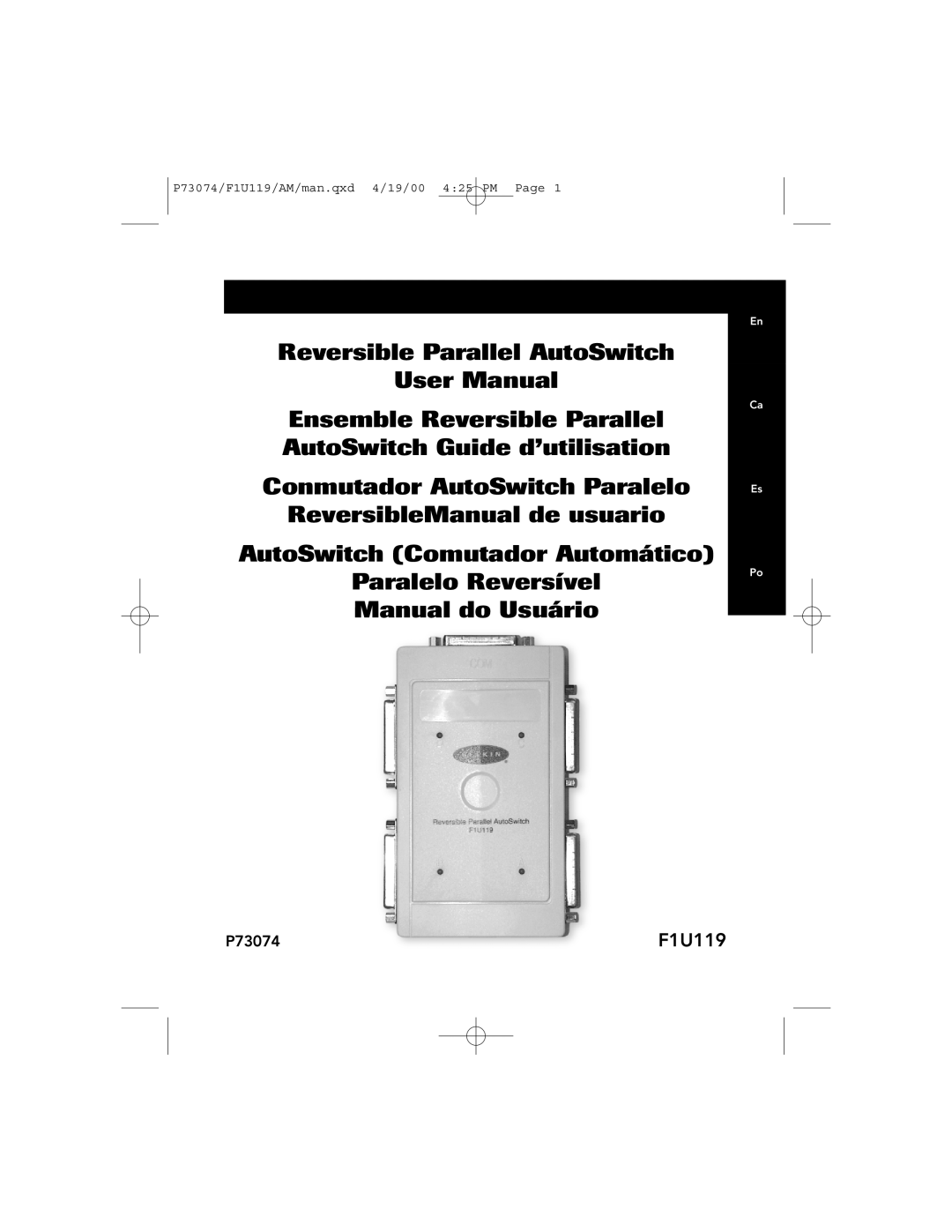 Belkin user manual Reversible Parallel AutoSwitch User Manual, P73074/F1U119/AM/man.qxd 4/19/00 425 PM Page 