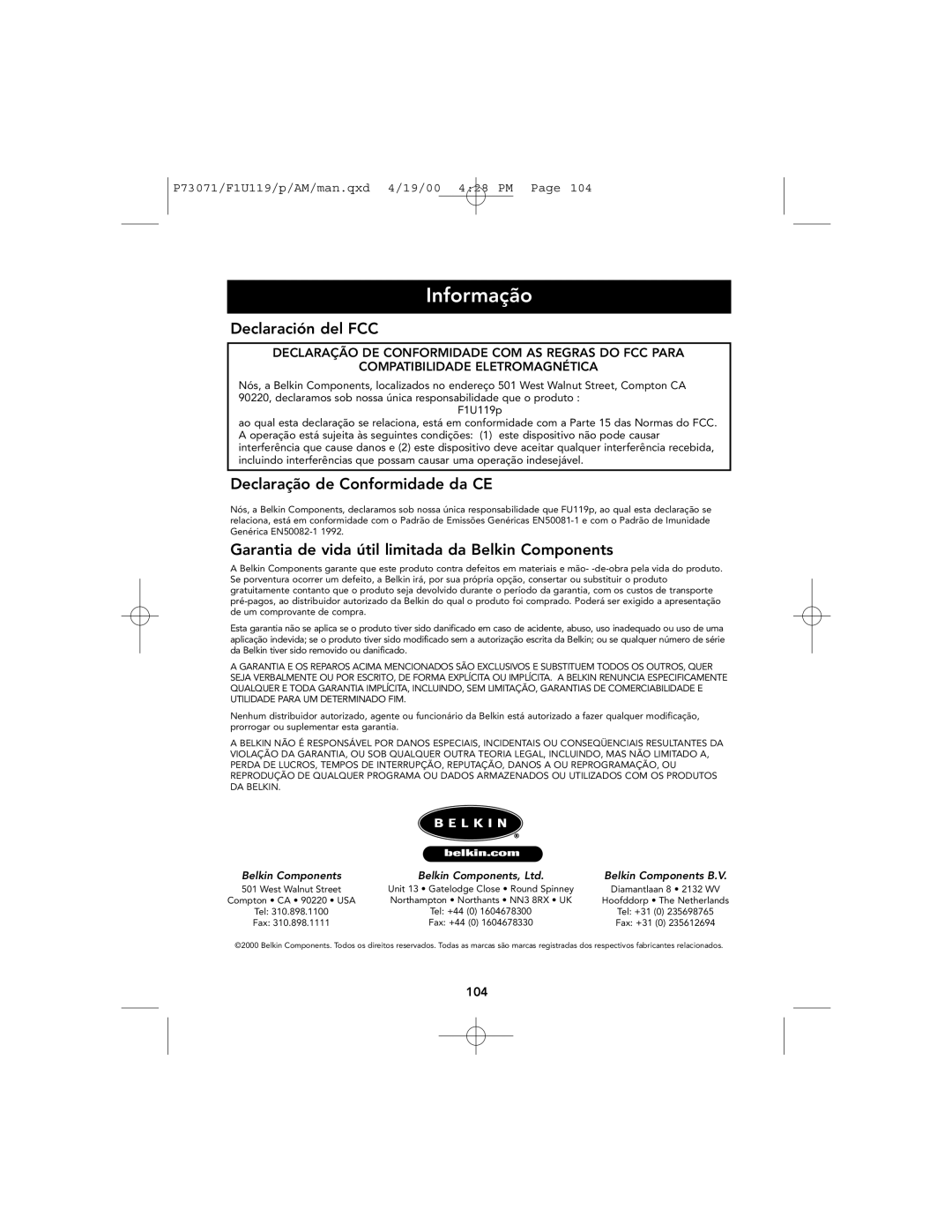 Belkin F1U119 user manual Informação, Declaração de Conformidade da CE, Garantia de vida útil limitada da Belkin Components 