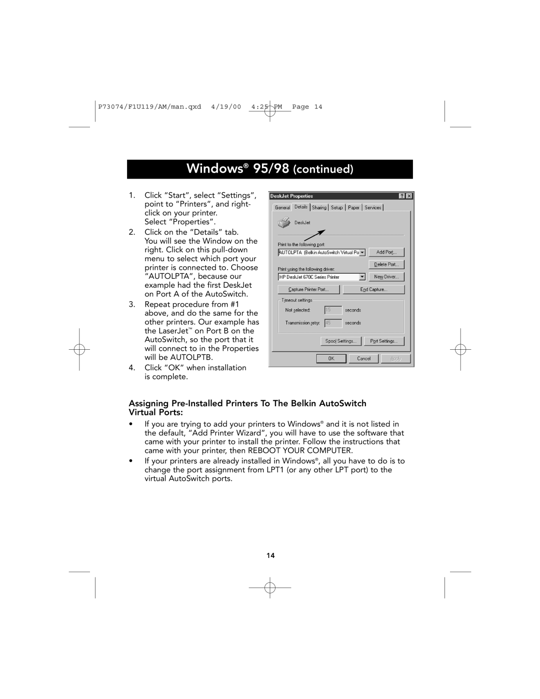 Belkin F1U119 user manual Windows 95/98 continued 